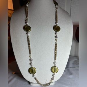 Long goldtone and green glass bead necklace